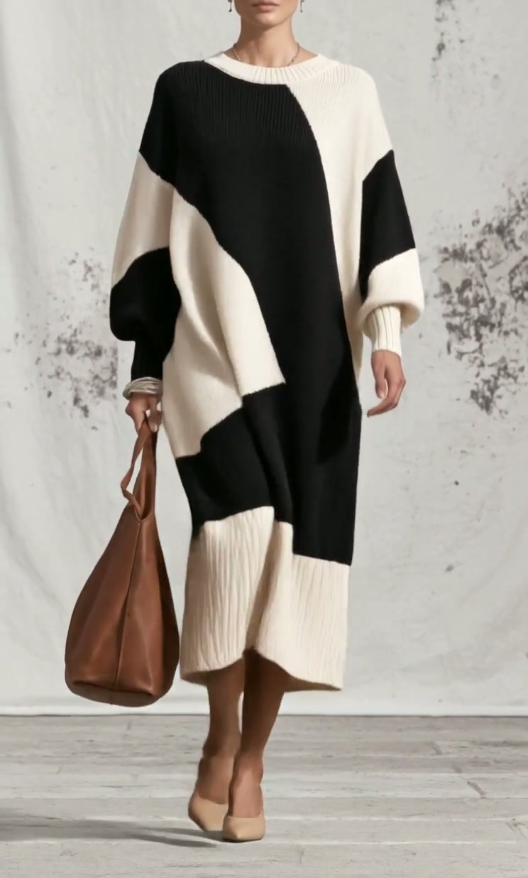 MONTOTTONE - Abito midi in maglia bianco e nero con maniche balloon