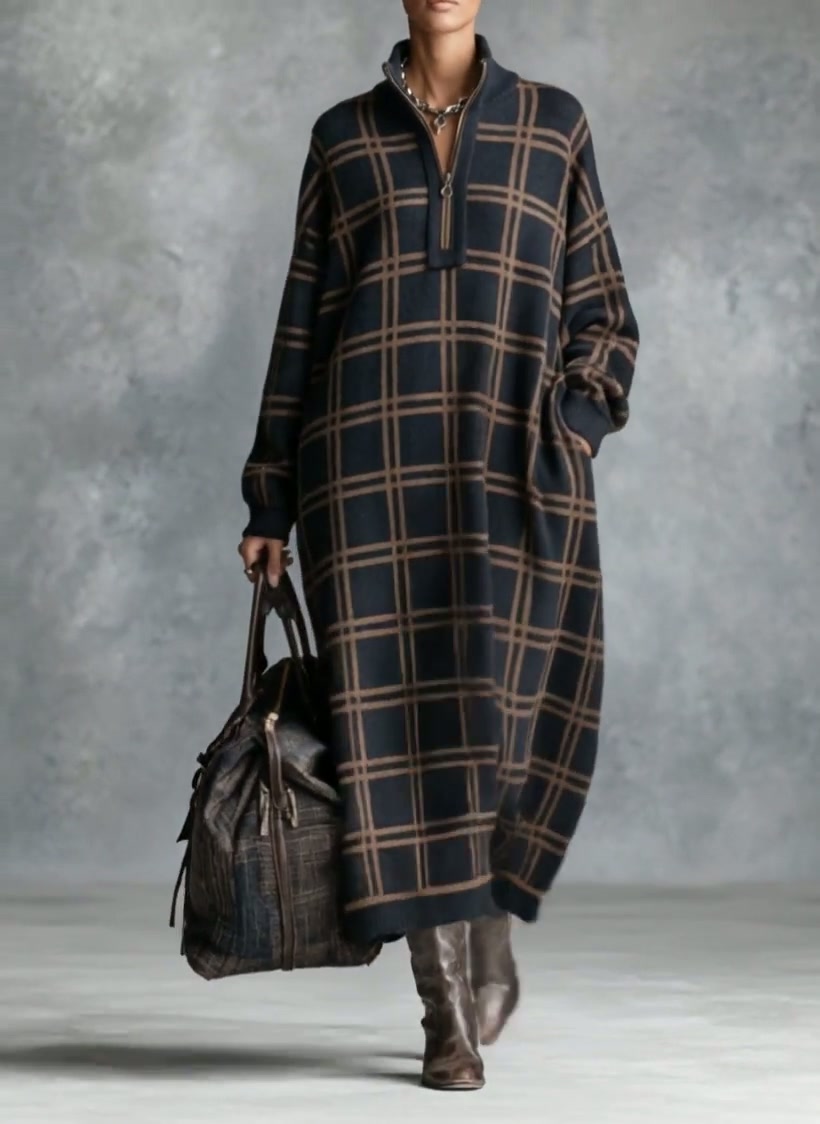 ABBATEGGIO - Abito maxi in maglia a quadri con collo zip