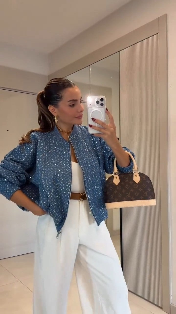 SORI - Giacca in denim blu con paillettes e zip frontale