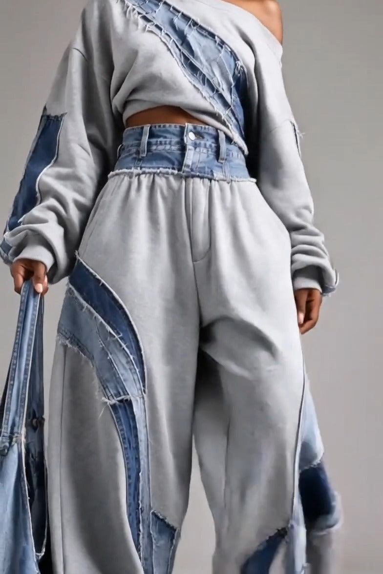 CASTAGNO - Set due pezzi felpa patchwork grigia e pantaloni denim ampi