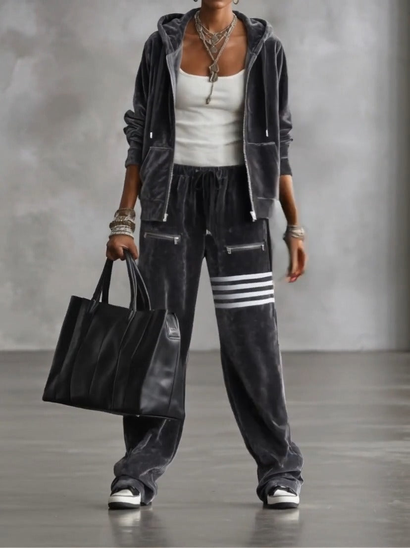 OVARO - Set due pezzi grigio in velluto con felpa e pantaloni a righe