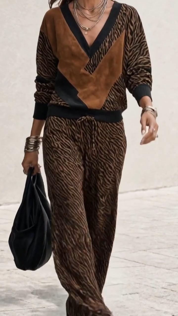 TRAVESIO - Set due pezzi morbido stampa tigre marrone