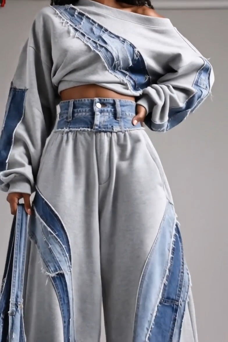 CASTAGNO - Set due pezzi felpa patchwork grigia e pantaloni denim ampi