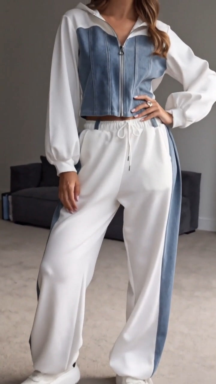 CÉZANNE - Set due pezzi in denim patchwork bianco e rosa con cappuccio