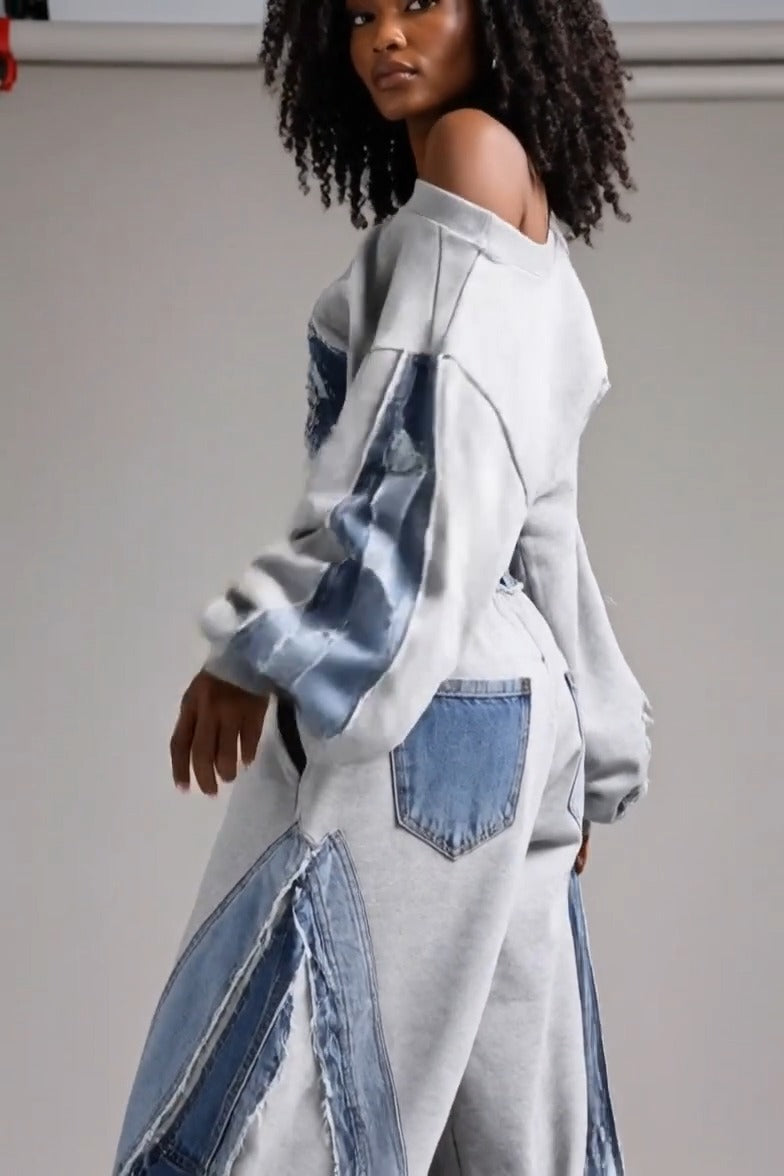 CASTAGNO - Set due pezzi felpa patchwork grigia e pantaloni denim ampi