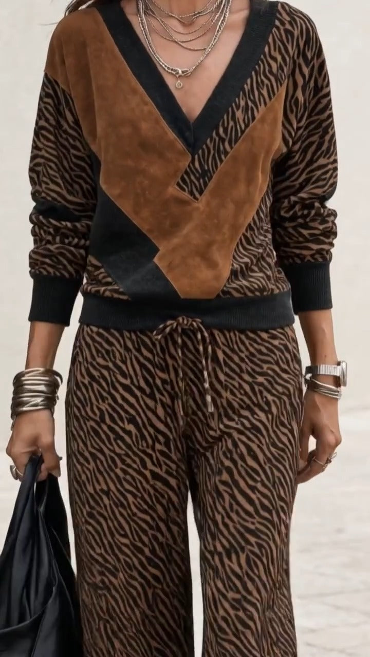 TRAVESIO - Set due pezzi morbido stampa tigre marrone