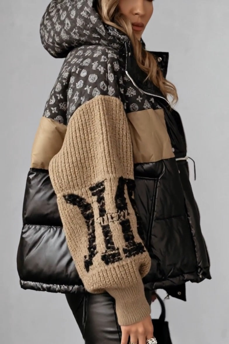 ROSASCO - Giacca in maglia denim con cappuccio, tasche e patchwork, nera o kaki