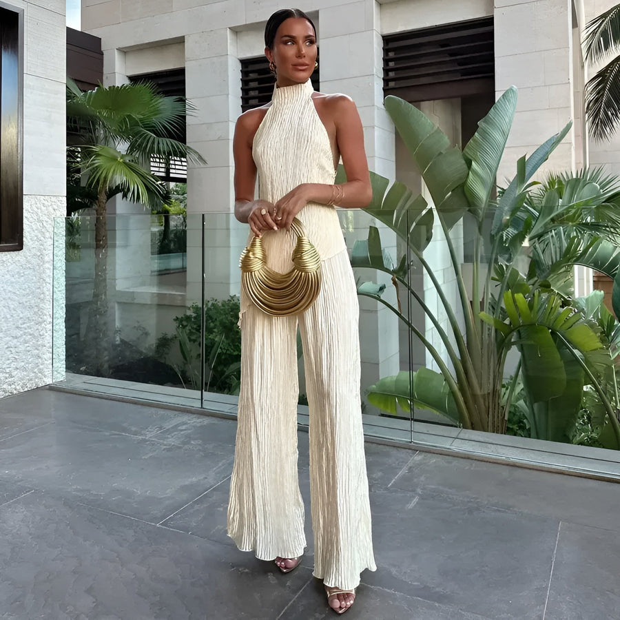SOFIA - Completo beige elegante con scollo all’americana