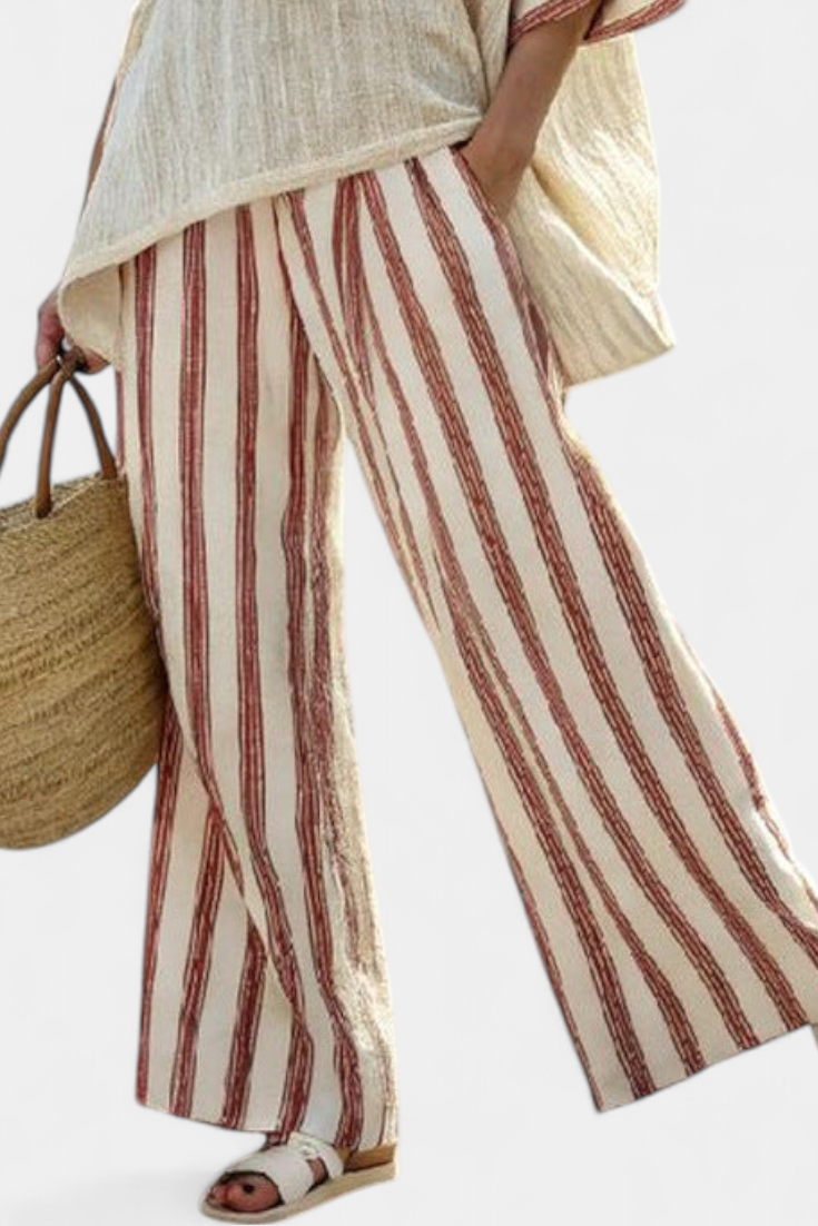 CHIARA - Completo rigato multicolore in lino crema