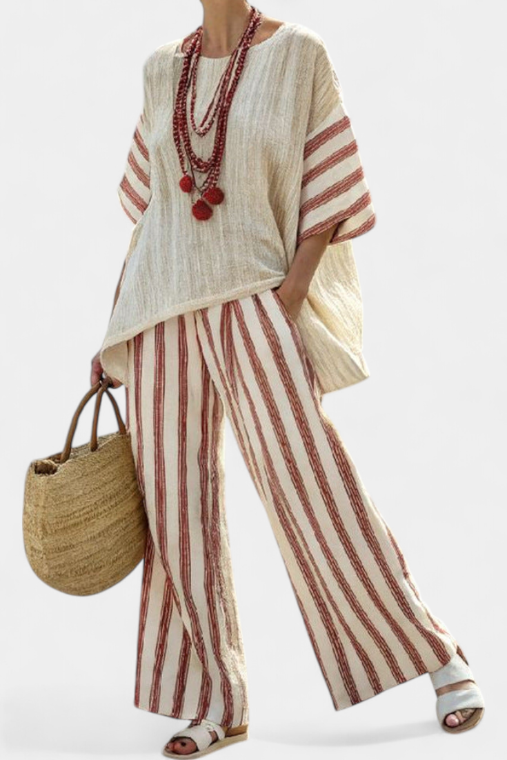 CHIARA - Completo rigato multicolore in lino crema