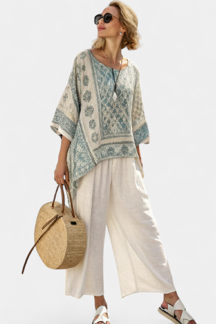 CHIARA - Completo multicolore con blusa stampata e pantaloni bianchi