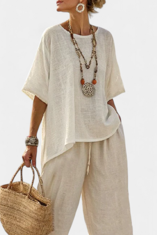 BEATRICE - Set bianco con blusa comoda e pantaloni ampi