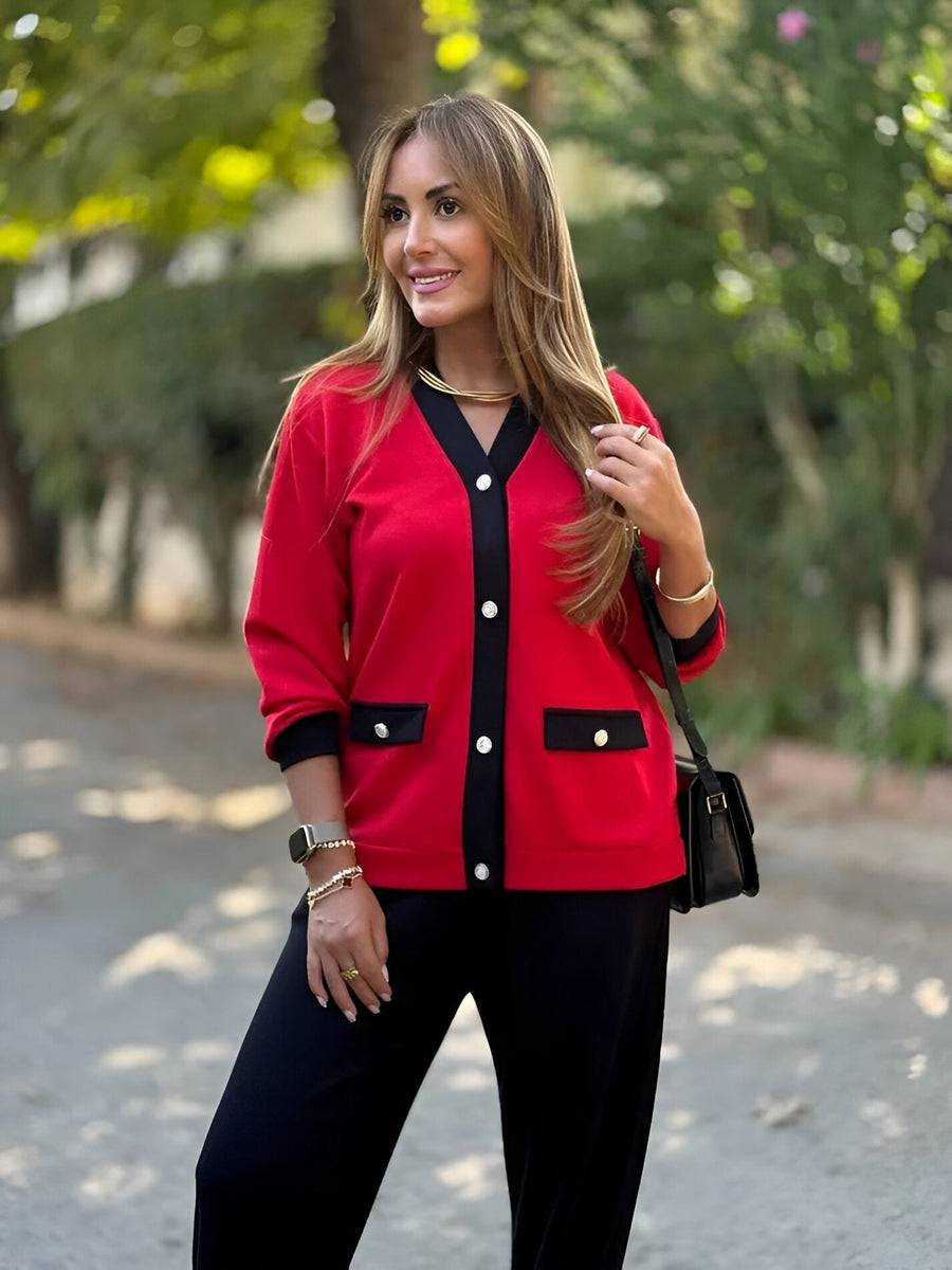 MOMBALDONE - Set due pezzi cardigan e pantaloni marroni, bordeaux e rossi