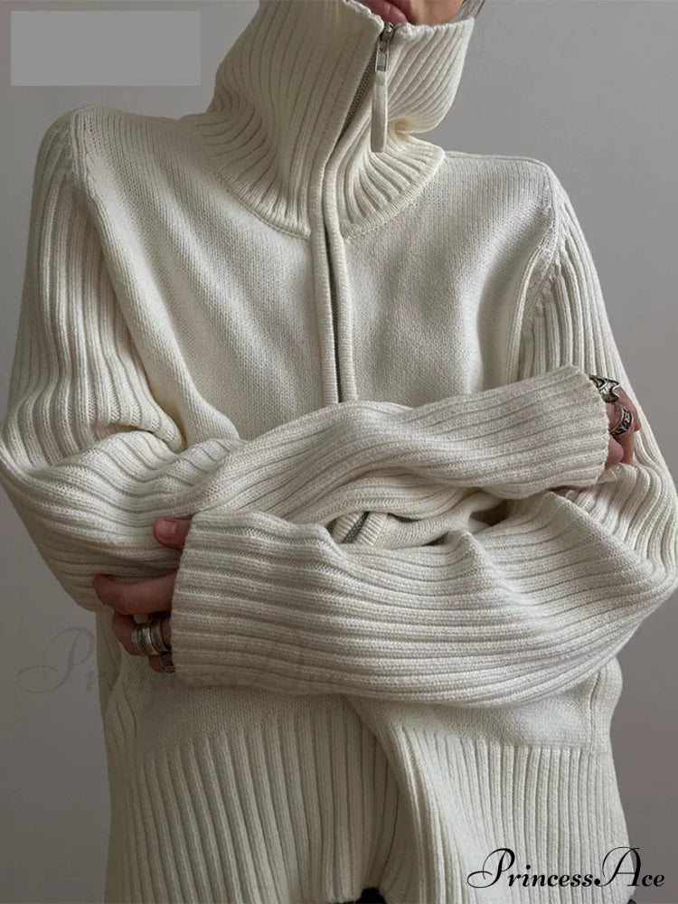 PADERNA - Cardigan oversize bianco in maglia con zip