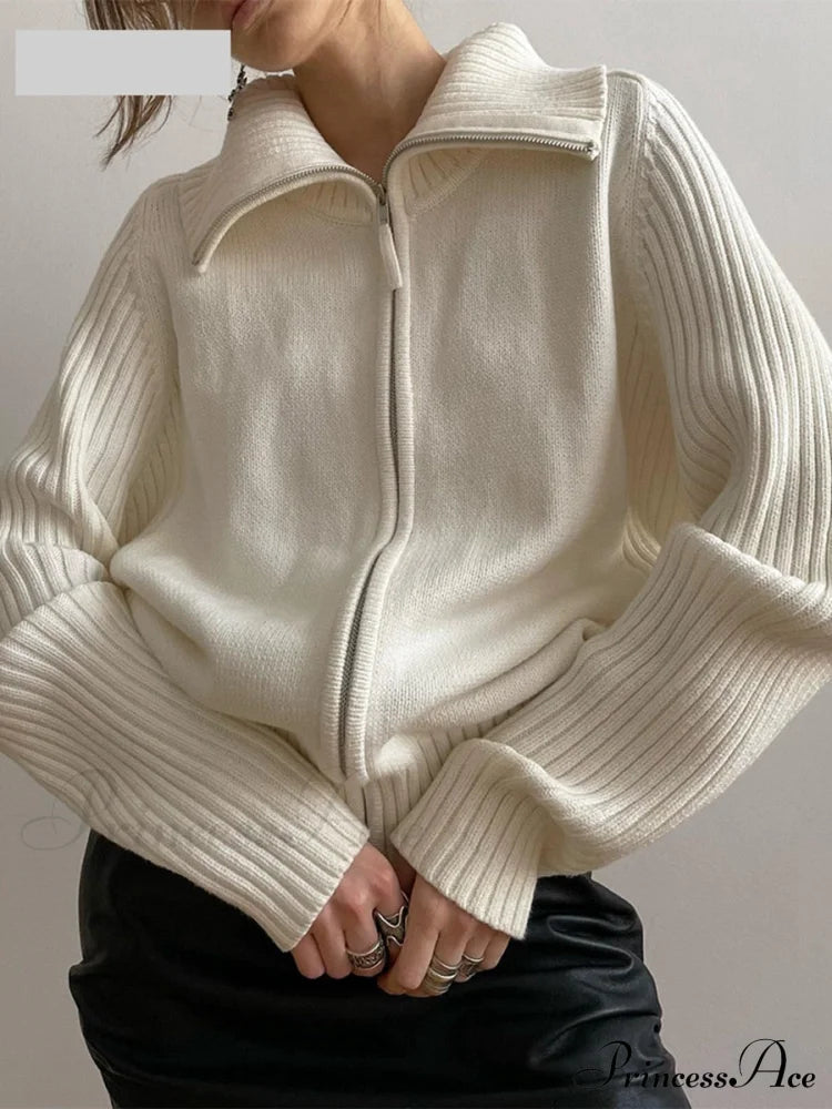 PADERNA - Cardigan oversize bianco in maglia con zip