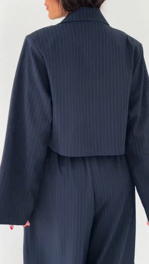 RENZA - Completo blazer 3 pezzi blu navy e pantaloni wide-leg