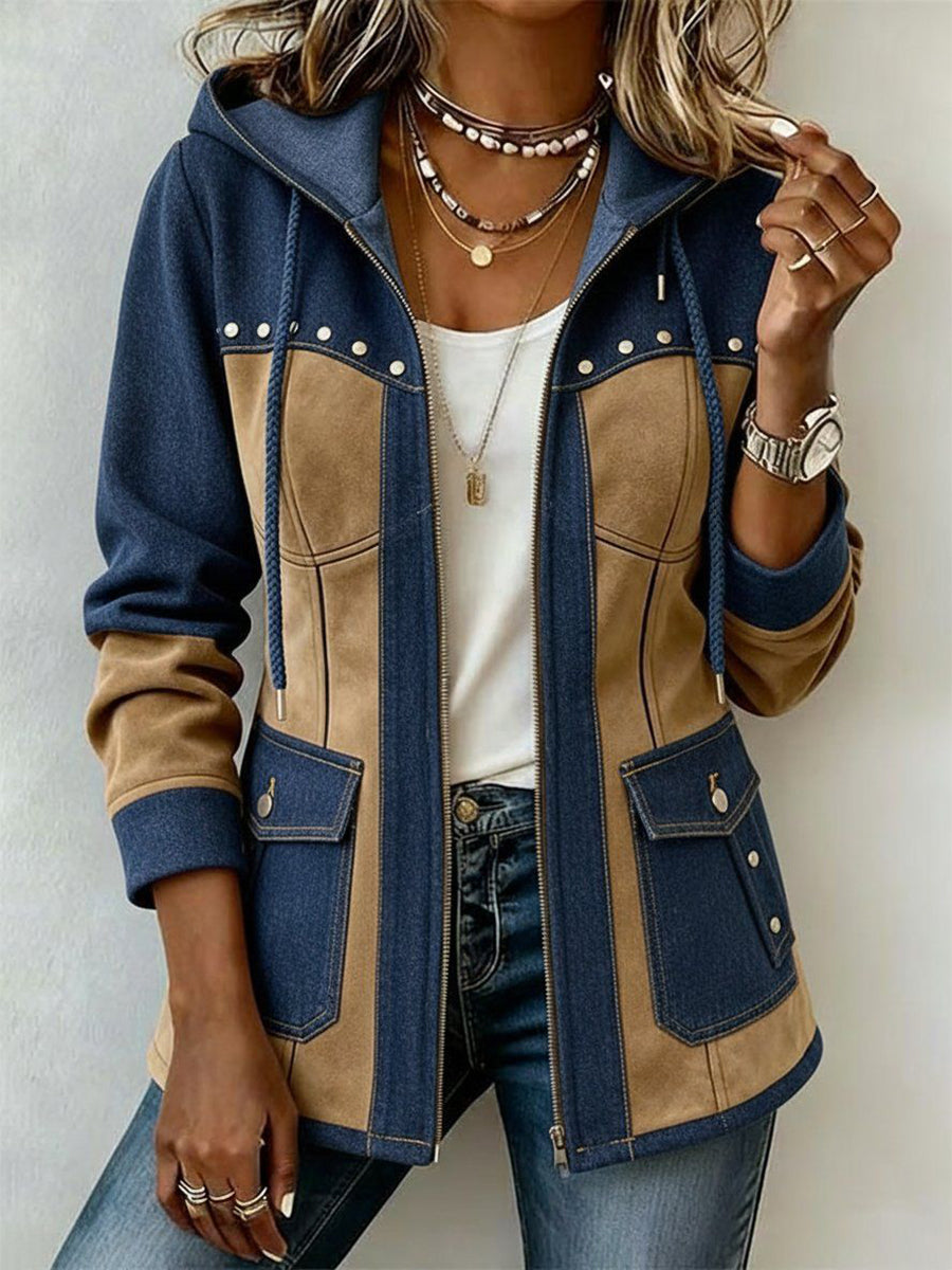 PIANENGO - Giacca con cappuccio blu navy e cammello a contrasto