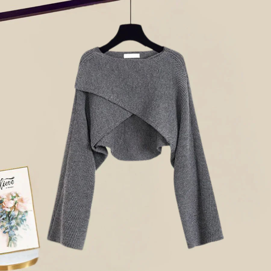 AGATA - Completo abito e maglione in grigio e beige