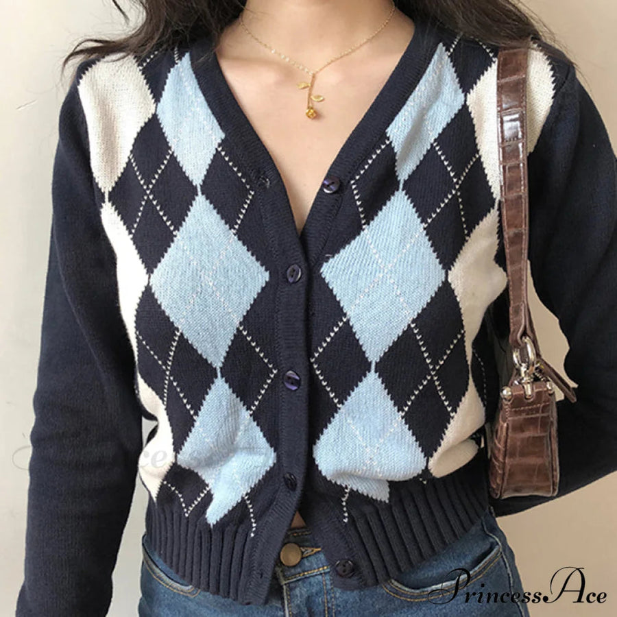FARDELLA - Cardigan blu navy a quadri con scollo a V