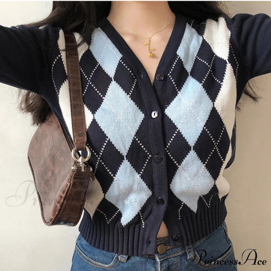 FARDELLA - Cardigan blu navy a quadri con scollo a V